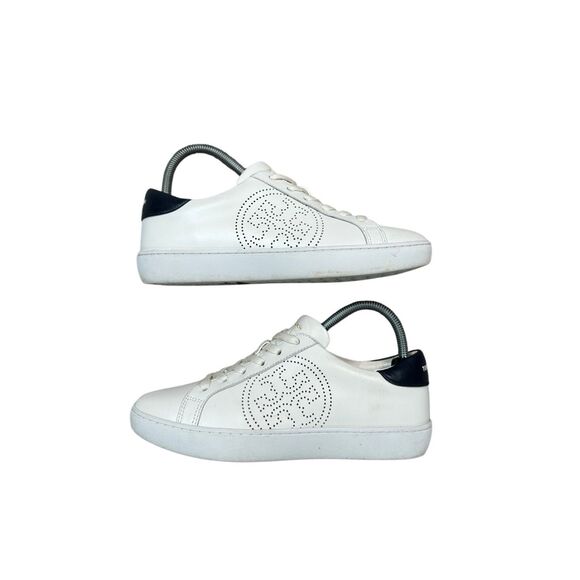 Tory Burch Leigh T-Logo Sneaker Calf Leather Cream/Grey Women’s Size 7 - Picture 2 of 11